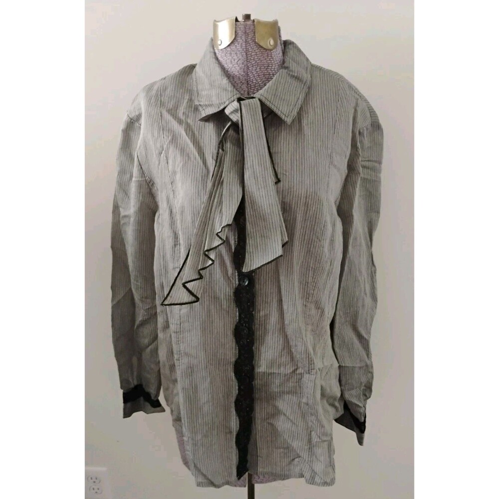 Chico's Shirt Women's Gray Stripe Button Up Lace Trim Sheer Removable Tie Sz 2 L